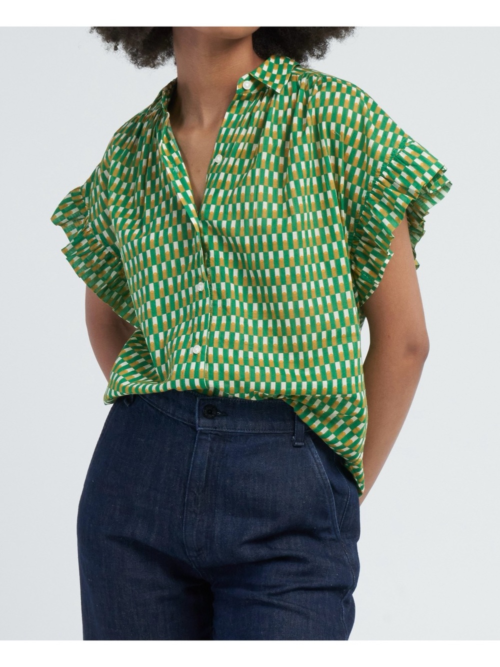 Trovata | Birds of Paradis Marianne B ruffle sleeve shirt in peridot paver